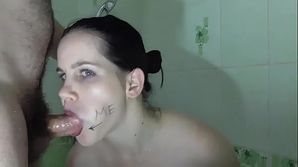 Fresh Hot bitch sucks dick and gets cum on her face. Sex service in the bathroom my Movies