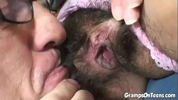 Hairy teen pussy banged by old man cock